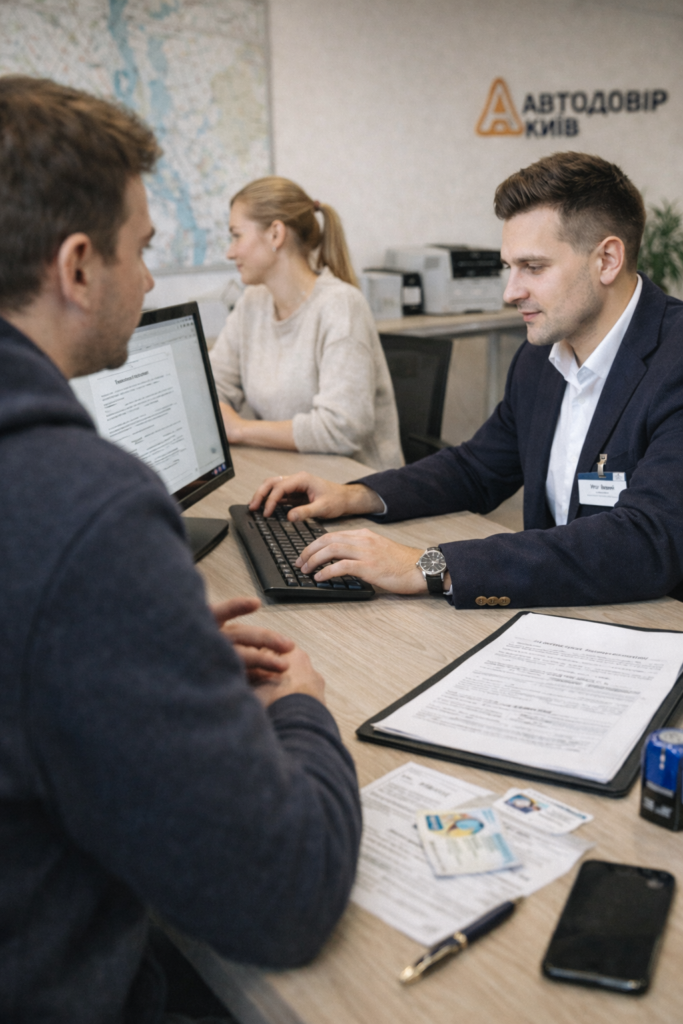 konsultaciya-oformlennya-dogovoru-avtodogovir-kyiv-3x4 Менеджер «Автодоговір Київ» оформлює договір на комп’ютері під час консультації з клієнтами